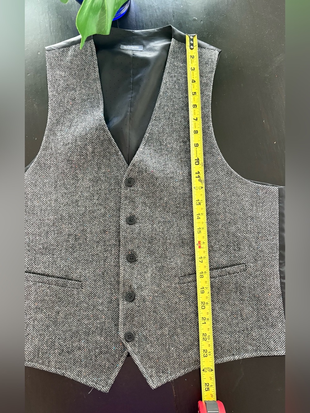 Men's Herringbone Grey Wool Vest - Classic Tailored Waistcoat - Picture 3 of 7